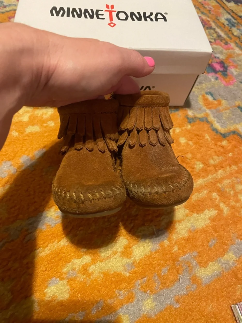 Minnetonka Kids Tan Fringe Suede Moccasins with Side Zipper